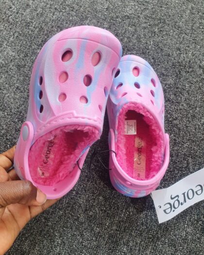 Next Pink & Blue Fur Crocs Slides